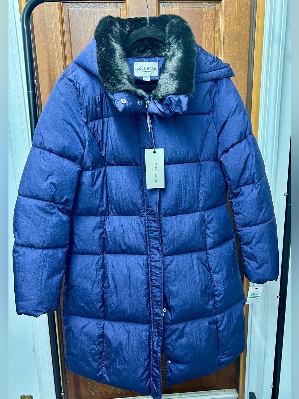 Cole Haan Purple/Blue Down Puffer Coat with Black Faux Fur Trim